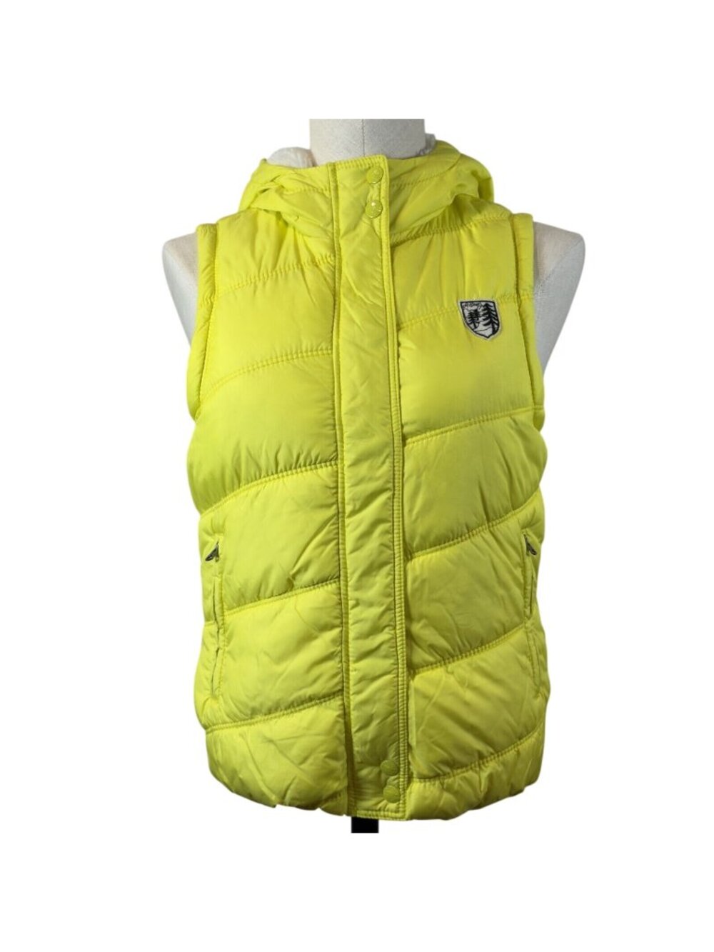 American Eagle Puffer Vest Womens Size Small Yellow Faux Fur Hooded Zip Pockets